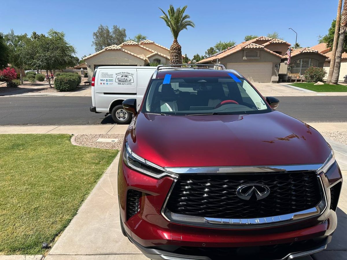 Mobile windshield replacement at a Phoenix home with the Accent Auto Glass van